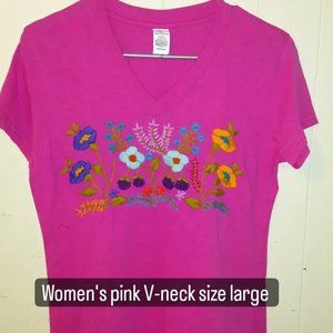 Pink embroidered V-neck shirt